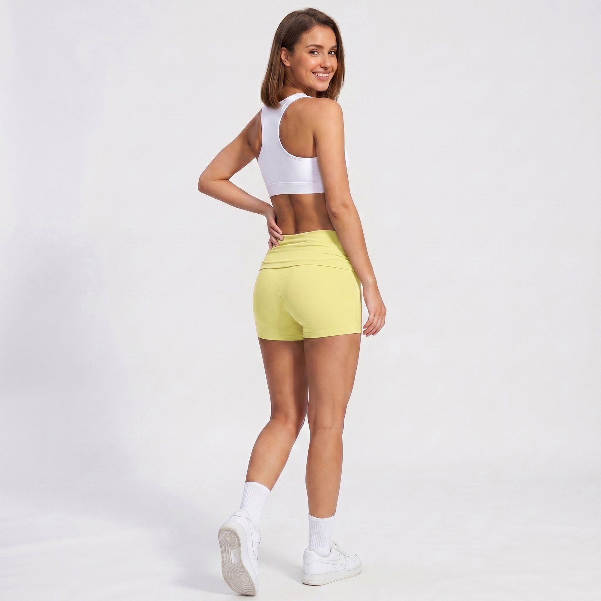 Fold Over Ruched Waistband Yoga Shorts Butt Lifting Workout Shorts