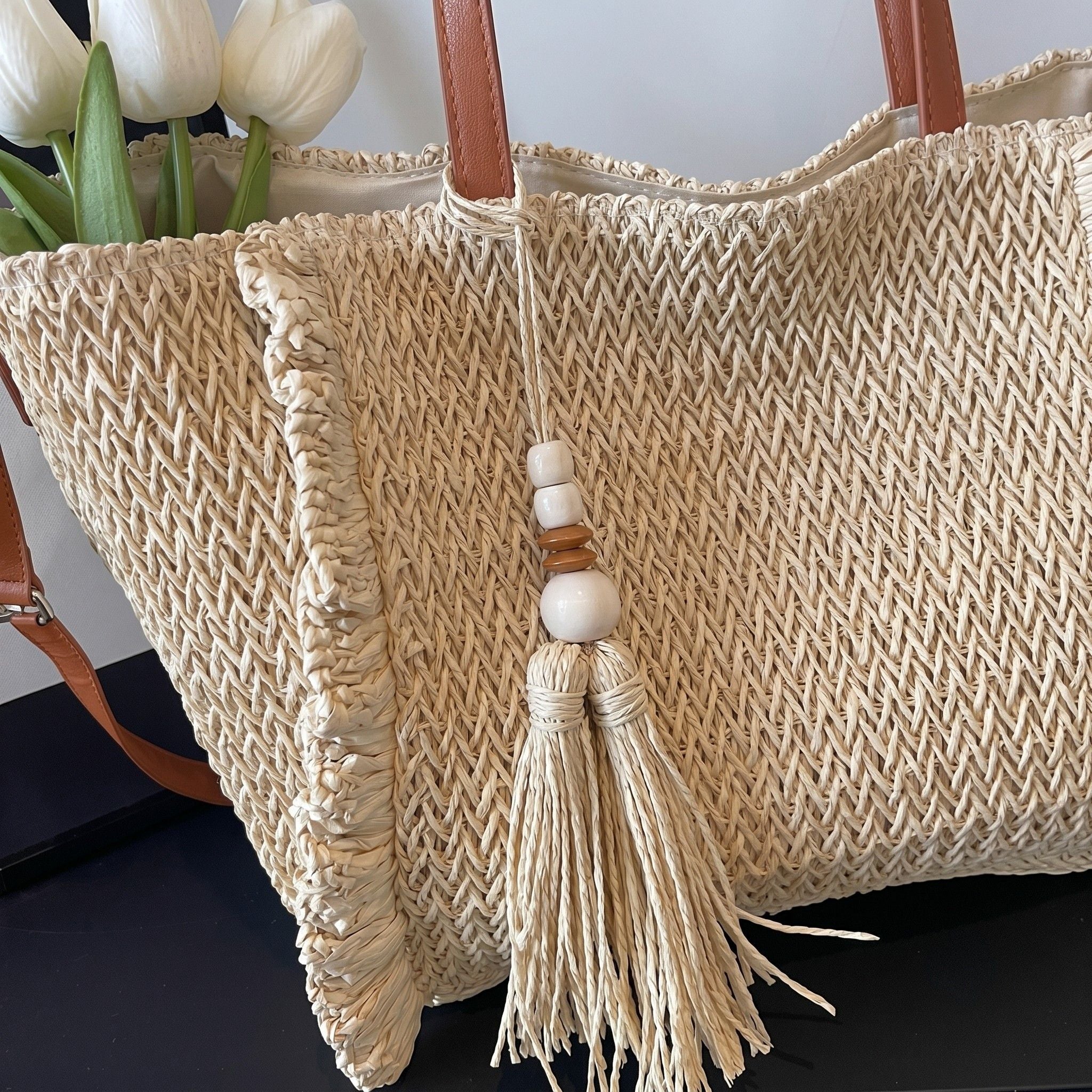 Fringe Woven Tote Bag with Detachable Strap Zip Closure and Tassel Accent