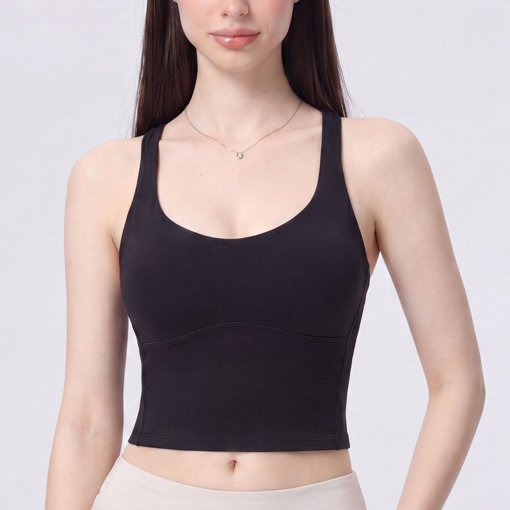 Cropped Yoga Tank Top with Built In Padding Scoop Neck Wide Strap Fitted Activewear Top