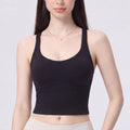 Cropped Yoga Tank Top with Built In Padding Scoop Neck Wide Strap Fitted Activewear Top
