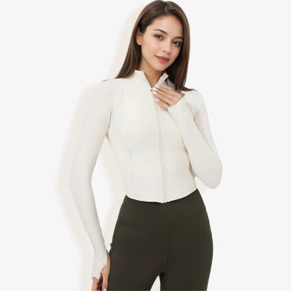Full-Zip Ribbed Long Sleeve Top with Thumbholes and High Collar