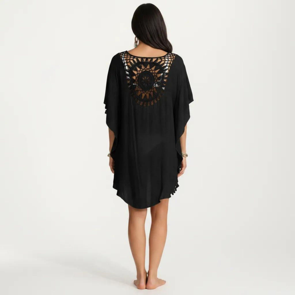 Anna-Kaci Women's Crochet Medallion Swim Cover Up Dress with Tassel Trim and Relaxed Boho Silhouette
