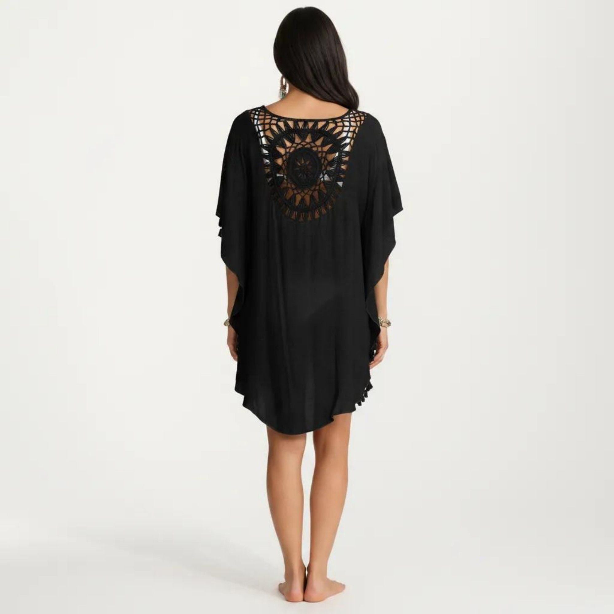 Anna-Kaci Women's Crochet Medallion Swim Cover Up Dress with Tassel Trim and Relaxed Boho Silhouette
