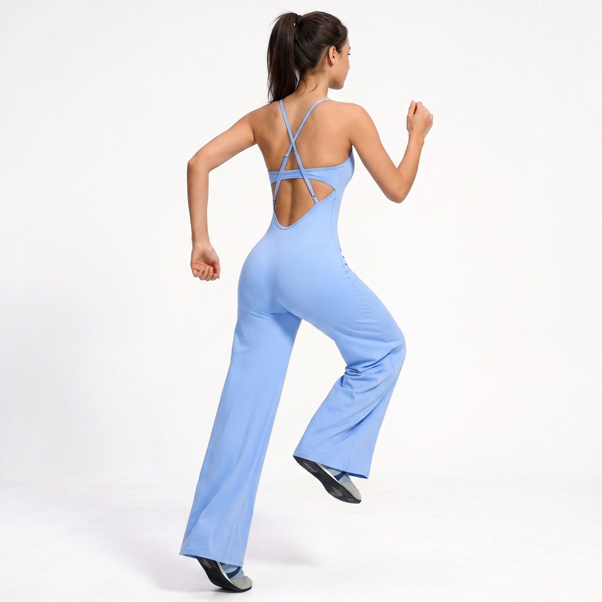 Scoop Neck Wide Leg Athletic Jumpsuit with Adjustable Crisscross Back Straps for Yoga Gym