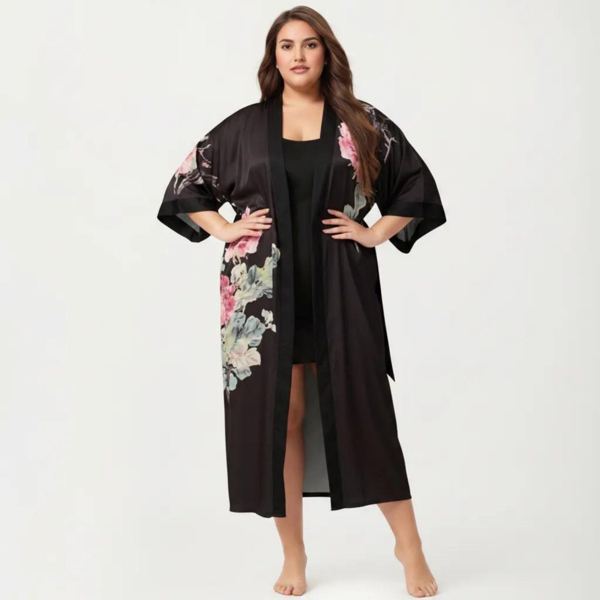 Anna-Kaci Lounge Women's Plus Size 2-Piece Floral Kimono Robe Set with Short Sleeve Open Front Longline Cover Up and Matching Inner Dress