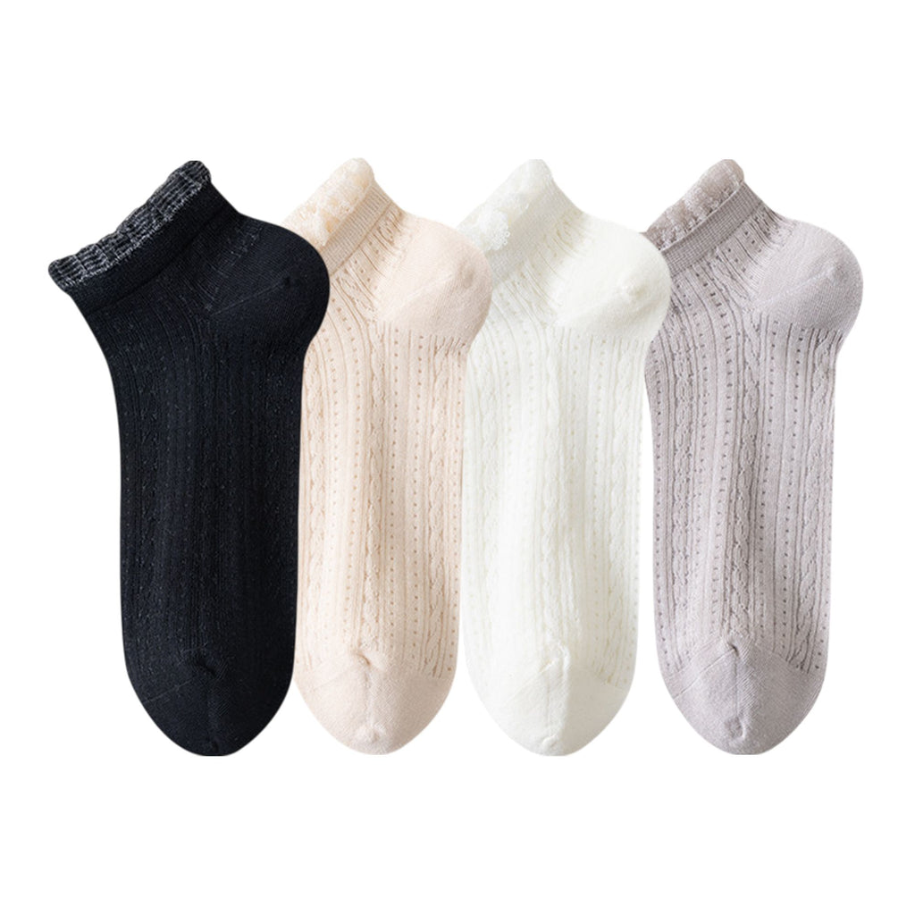 Women's 4-Pair Pack Breathable Lace Trim Ankle Socks with Open Knit Mesh Texture and Cotton Comfort