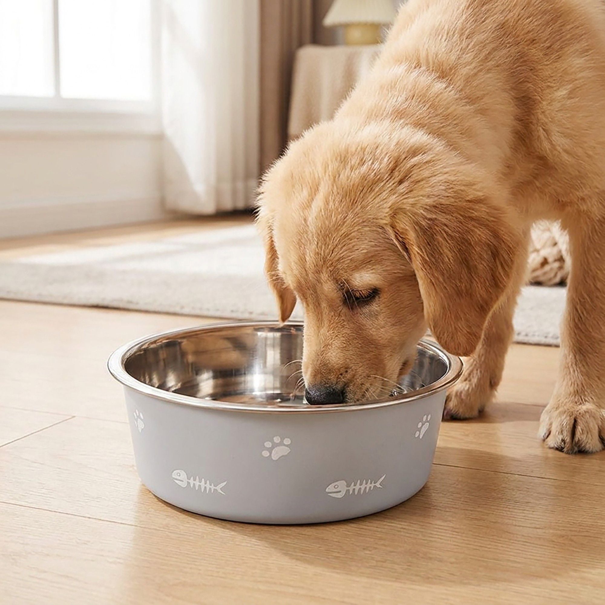 Stainless Steel Pet Bowl - Non-Slip Dog and Cat Food Dish with Paw Print Accent