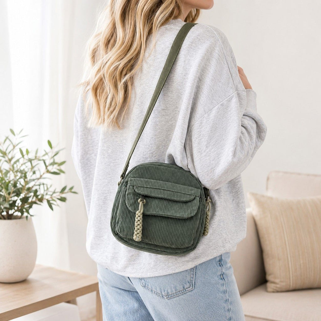 Corduroy Crossbody Bag with Front Pocket Adjustable Strap and Zip Closure