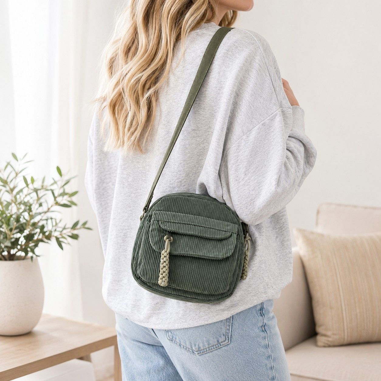 Corduroy Crossbody Bag with Front Pocket Adjustable Strap and Zip Closure