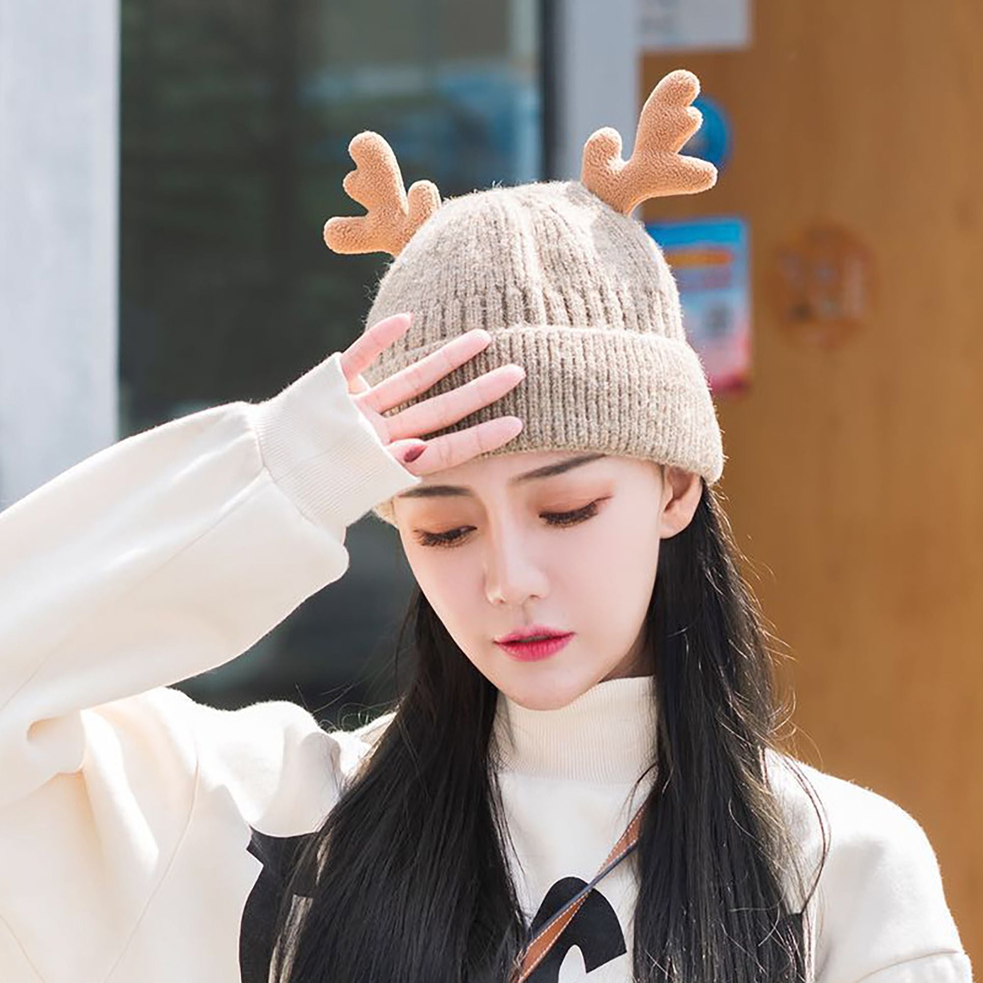 Anna-Kaci Women's Knit Beanie with Reindeer Antlers - Festive Winter Hat