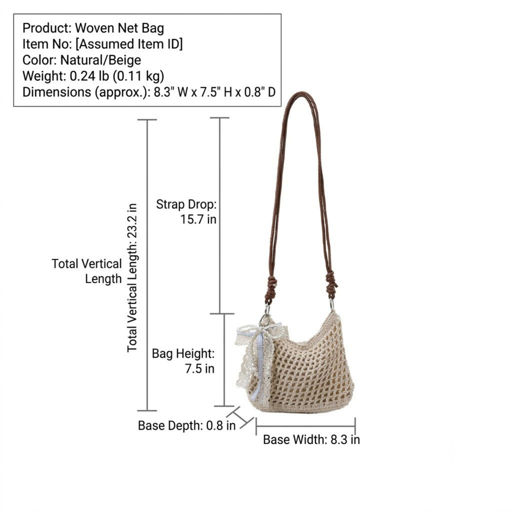 Women's Woven Net Shoulder Bag with Long Strap and Zipper Closure
