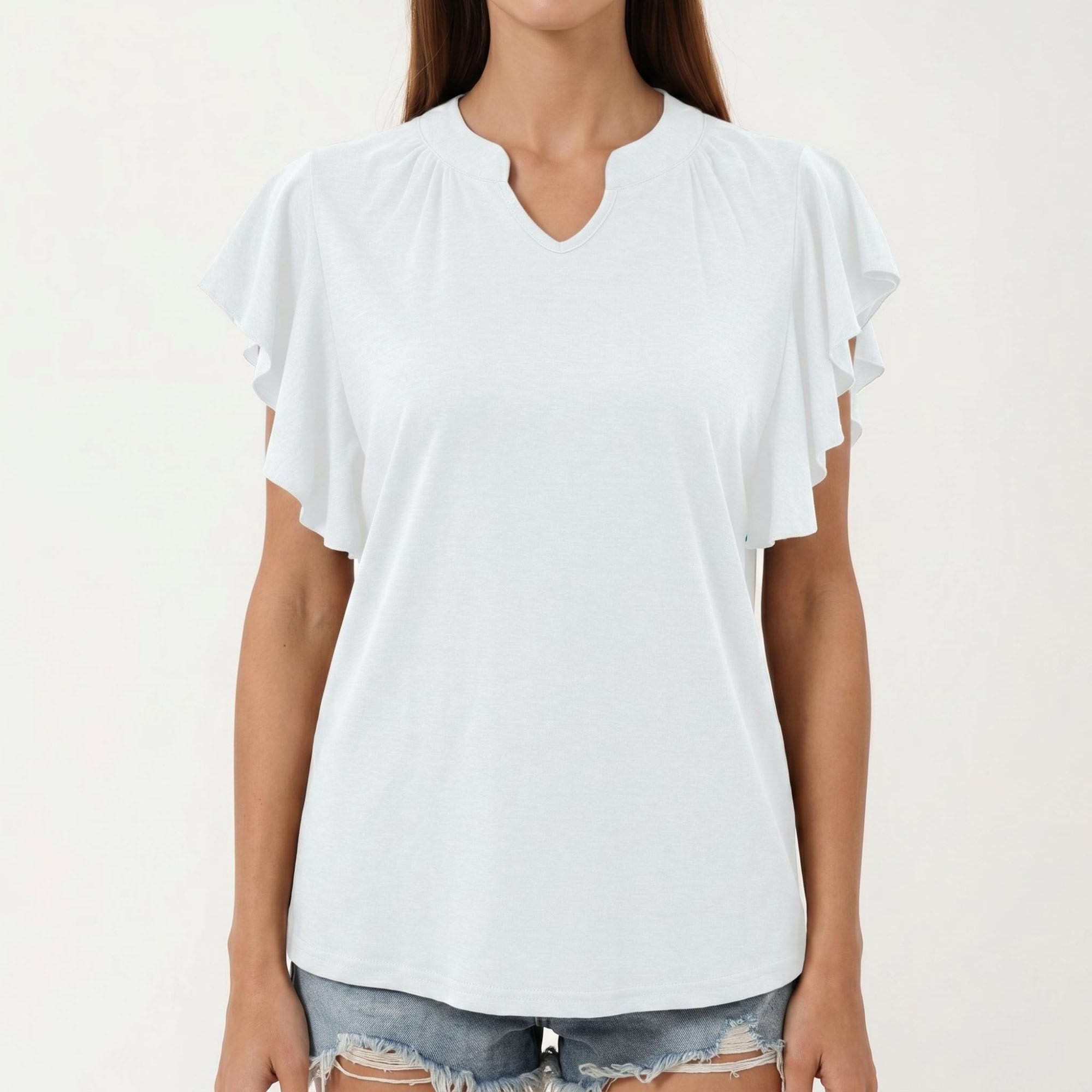 Anna-Kaci Women's Short Sleeve Top with Flutter Ruffle Sleeves and Split V Neck Relaxed Fit Casual Shirt