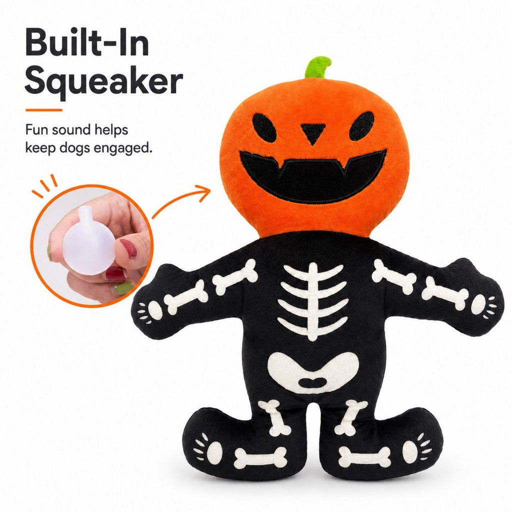 Halloween Pumpkin Skeleton Dog Toy with Built-In Squeaker and Plush Fabric