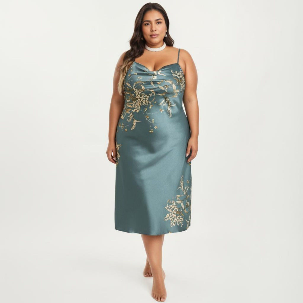 Anna-Kaci Lounge Women's Plus Size Satin Floral Slip Nightgown with Adjustable Spaghetti Straps Cowl Neck Midi Length Sleepwear Dress