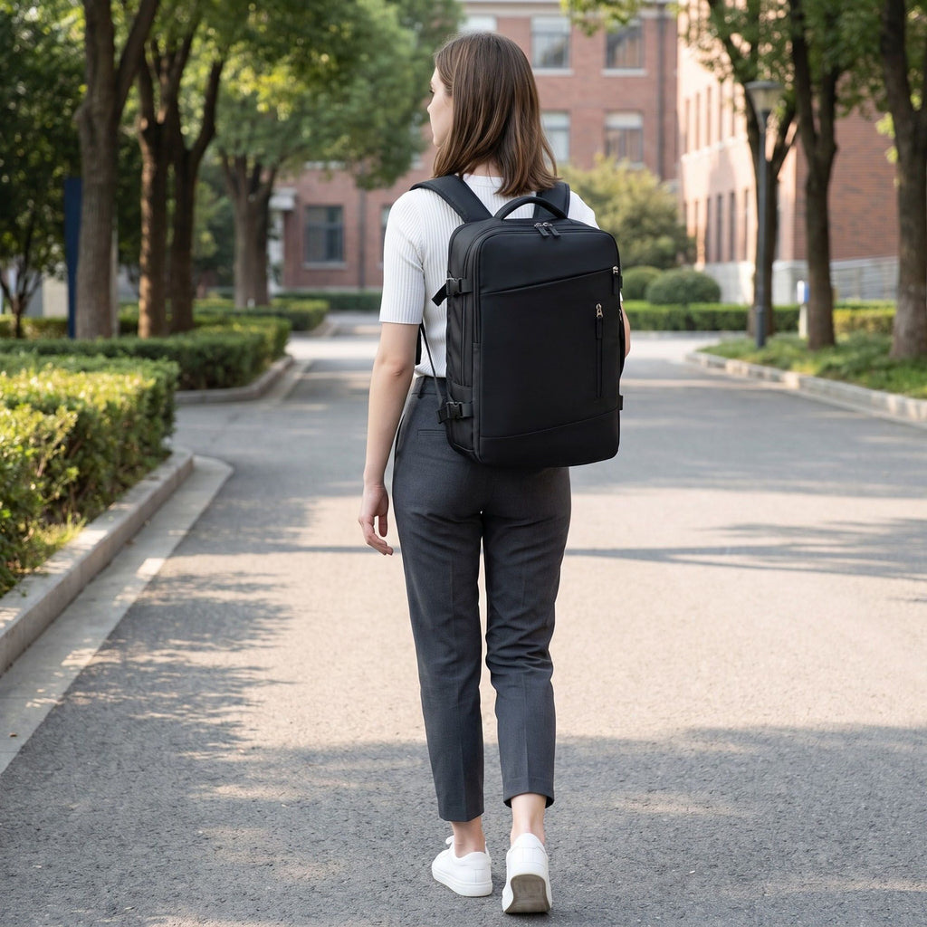 Multi-Compartment Travel Backpack with Padded Straps, Side Pockets and Compression Buckles
