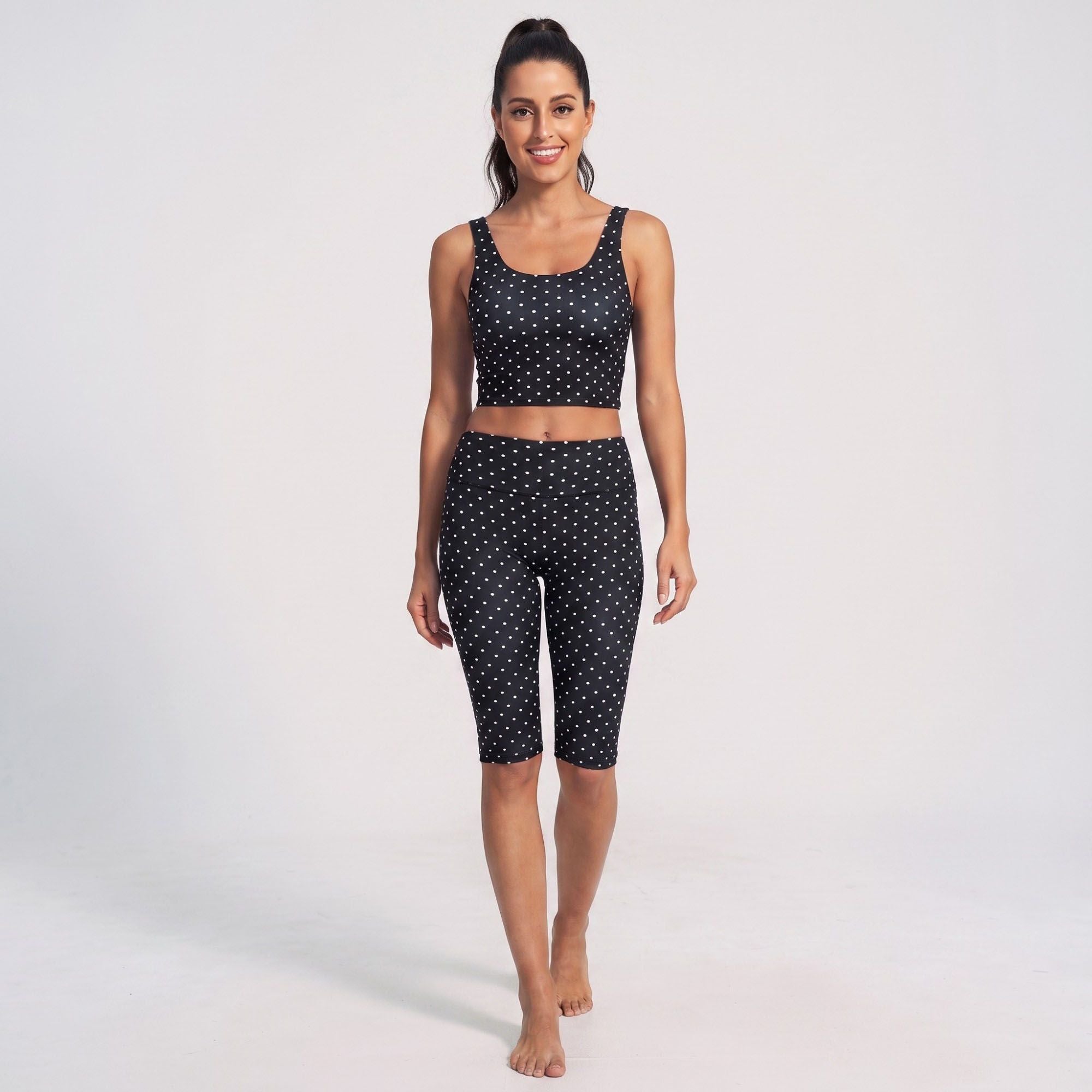 Polka Dot Foldover Waist Capri Leggings Fitted Cropped Yoga Pants for Dance Gym Workouts
