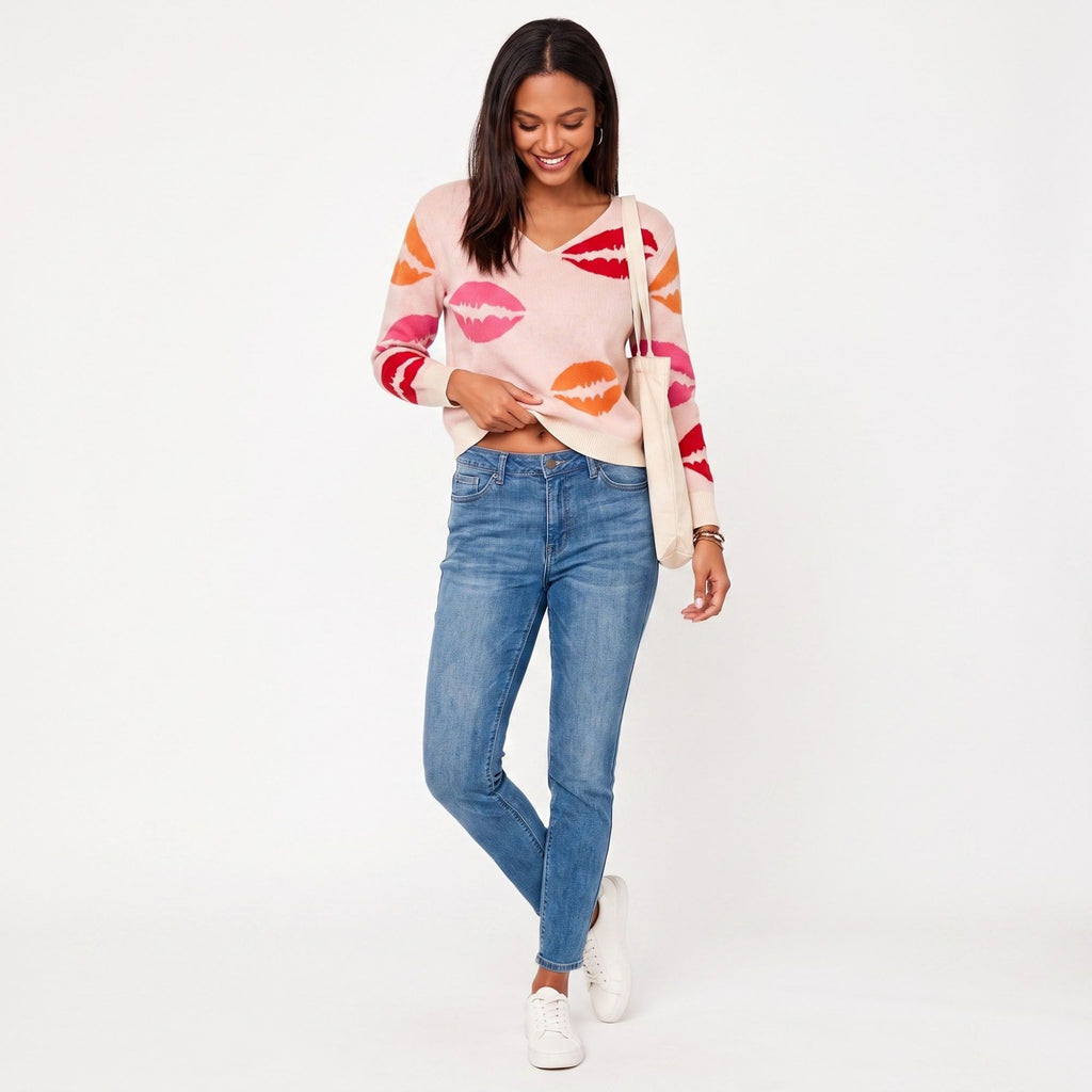 Lip Print V-Neck Long Sleeve Knit Sweater