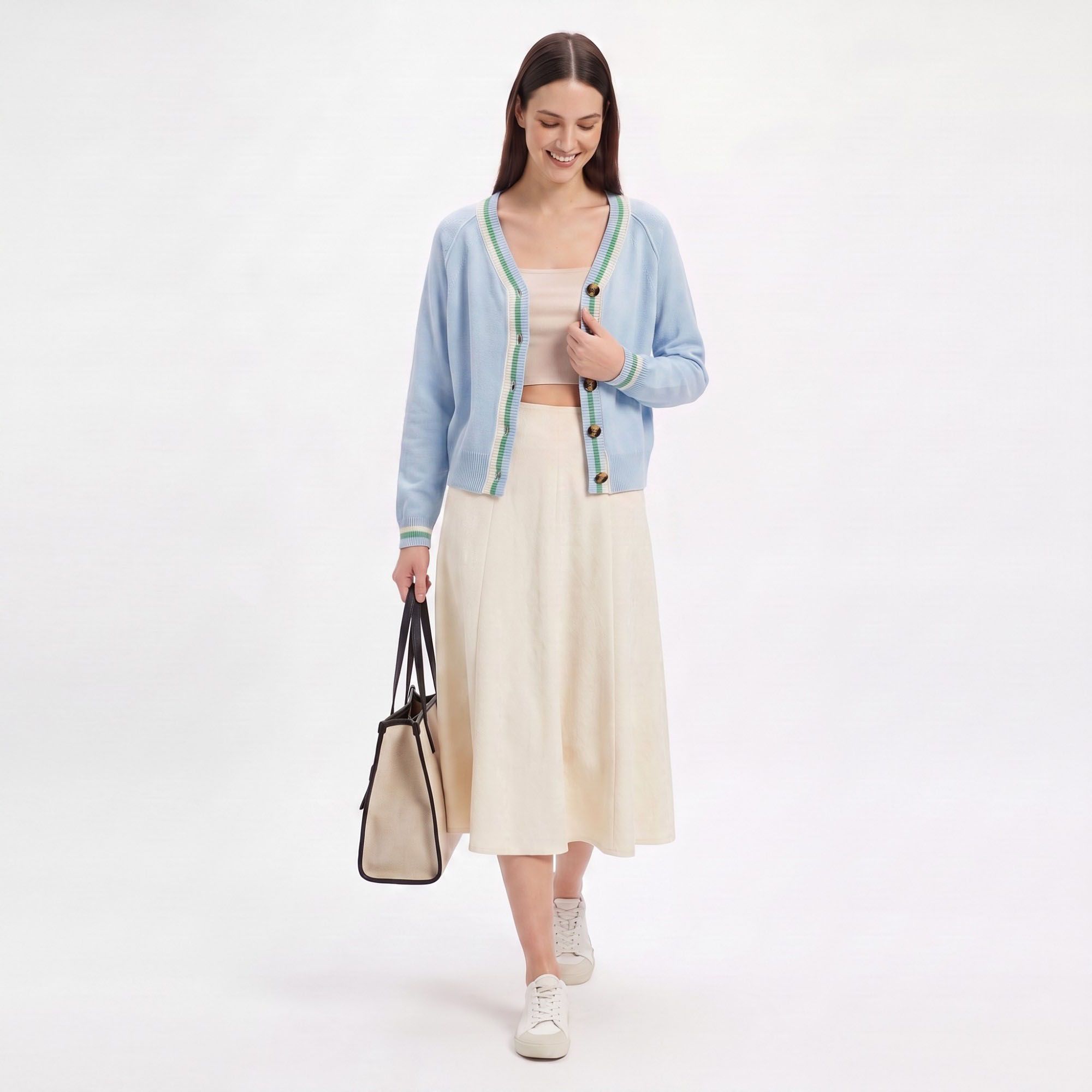 Contrast Stripe V-Neck Button-Front Knit Cardigan