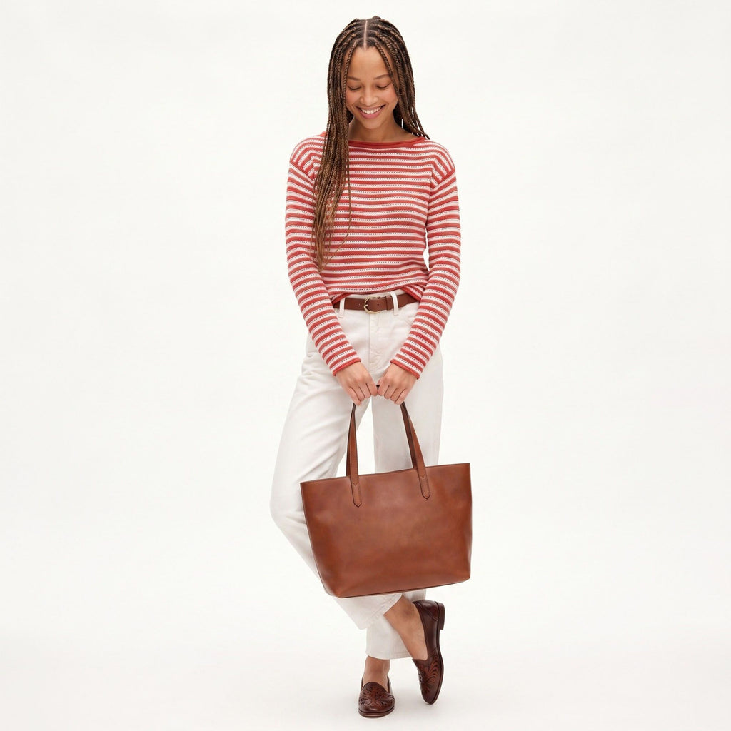 Striped Pointelle Knit Boat Neck Long Sleeve Sweater