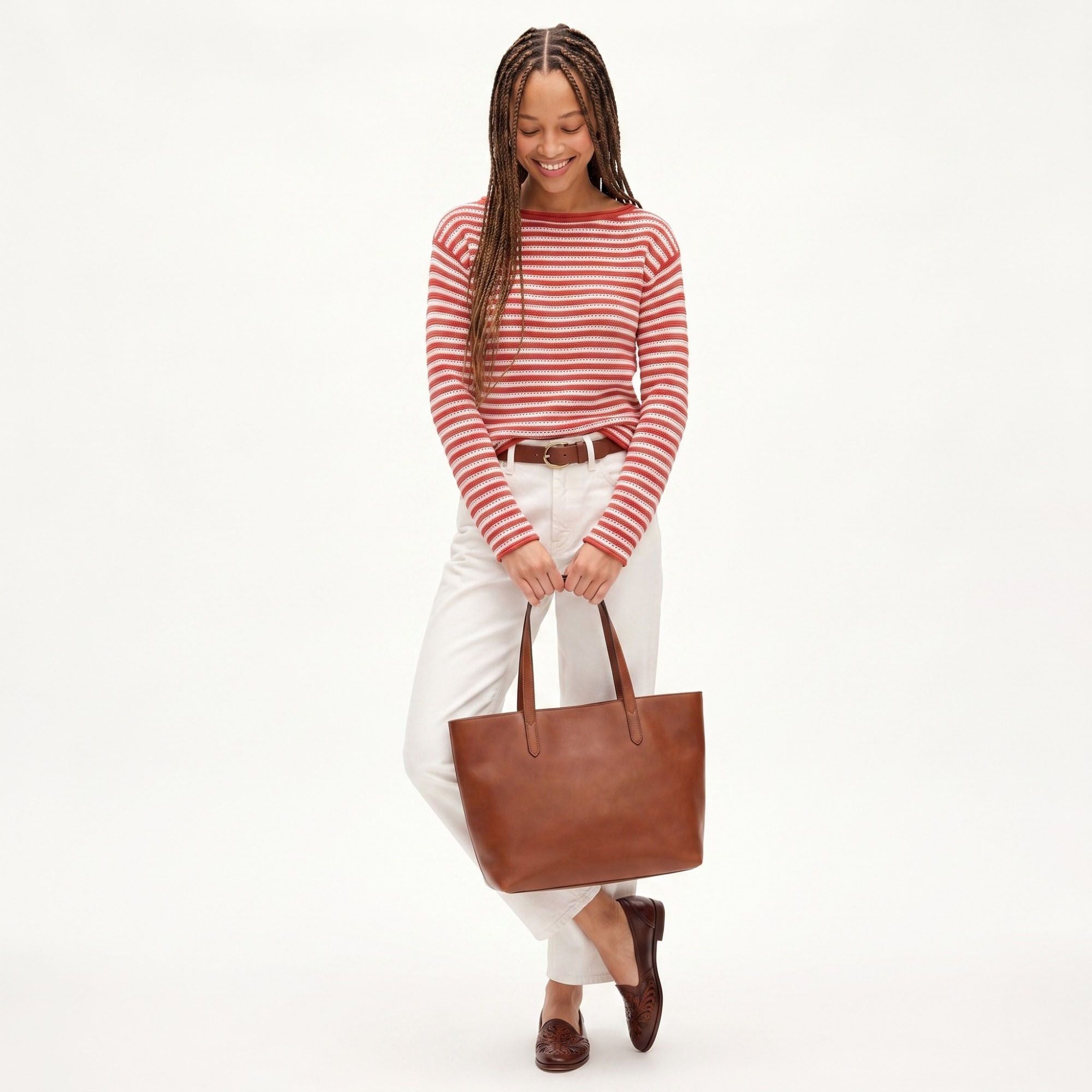 Striped Pointelle Knit Boat Neck Long Sleeve Sweater
