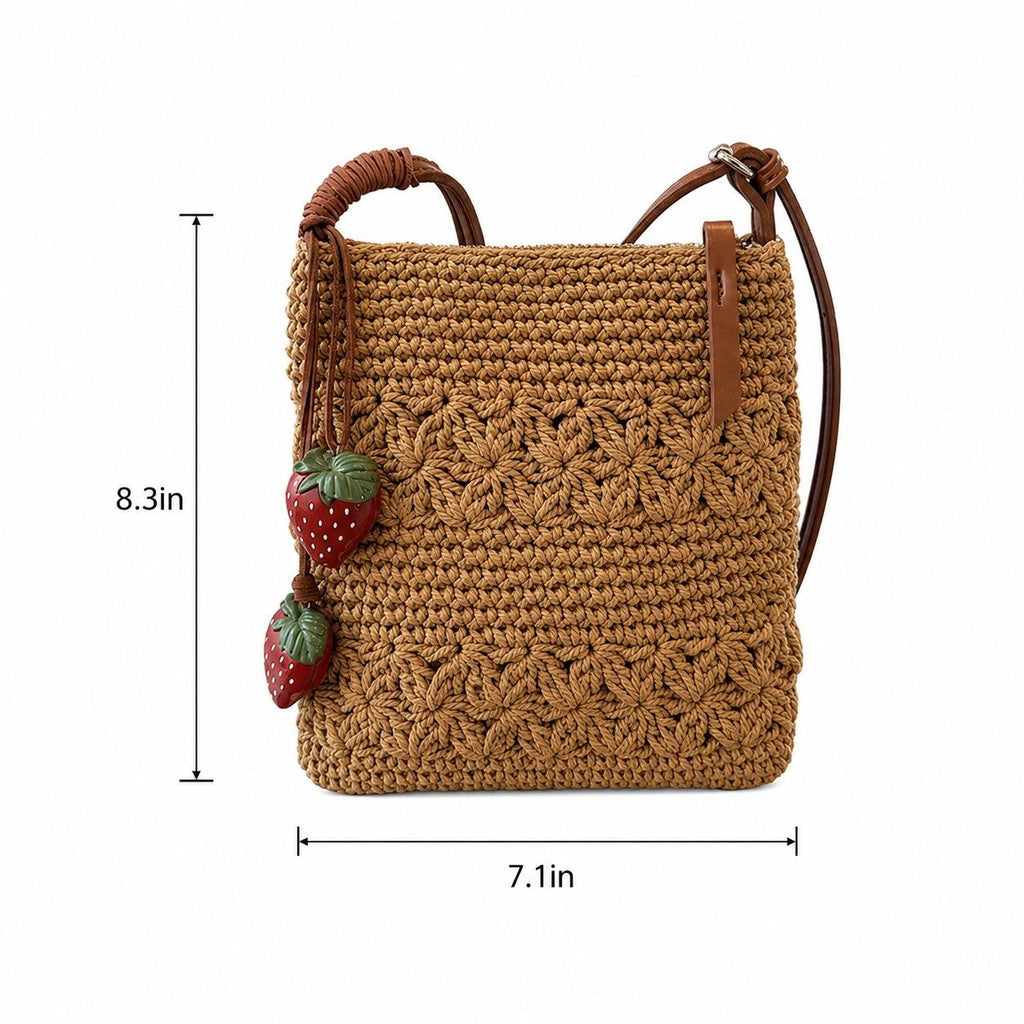 Crochet Crossbody Bag with Strawberry Charm, Adjustable Strap and Zip Closure