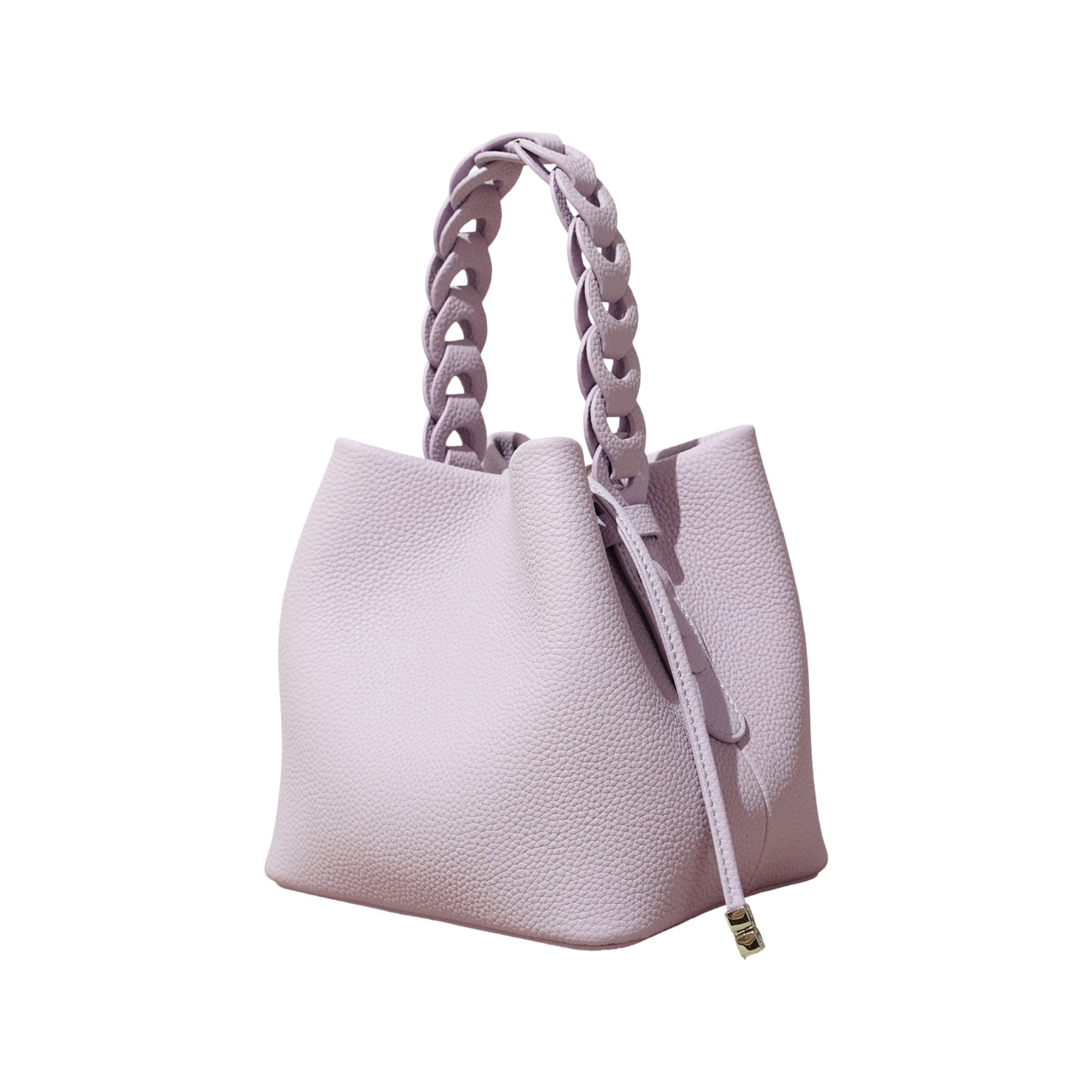 Leather Drawstring Bucket Handbag with Braided Top Handle and Adjustable Crossbody Strap