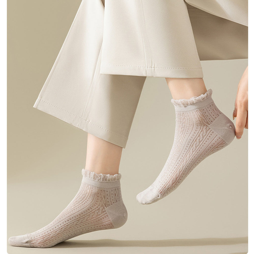Anna-Kaci Women's 4-Pair Pack Breathable Lace Trim Ankle Socks with Open Knit Mesh Texture and Cotton Comfort