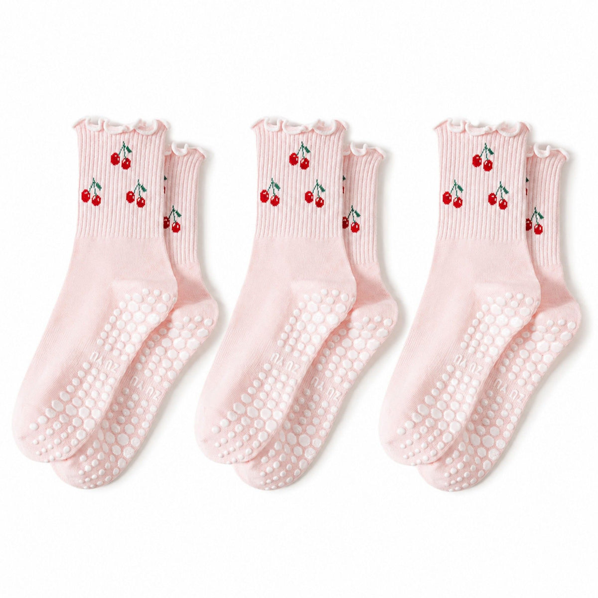 Non Slip Grip Crew Socks 3 Pair Pack Ruffle Cuff Novelty Pattern