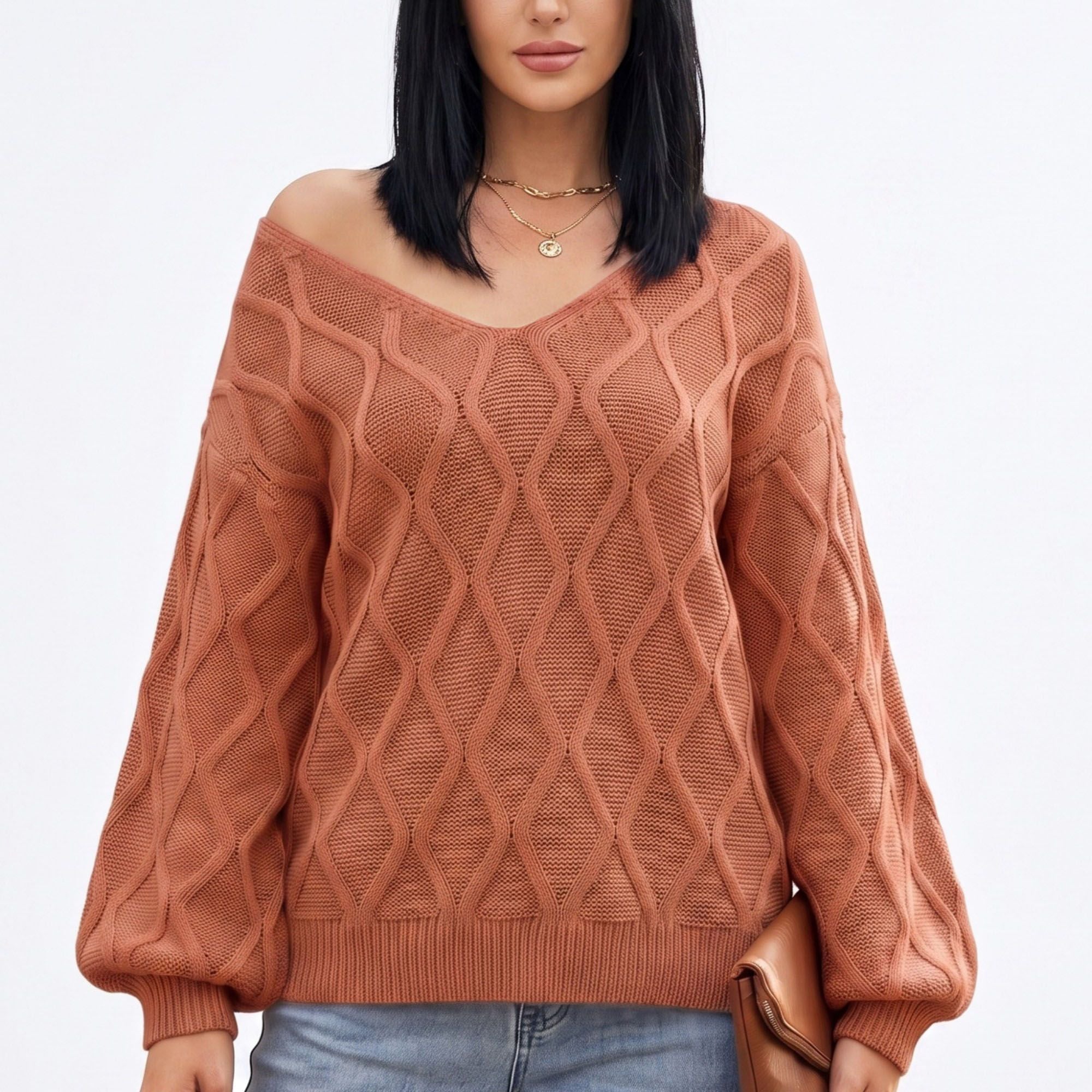 Cable Knit V-Neck Balloon Sleeve Sweater
