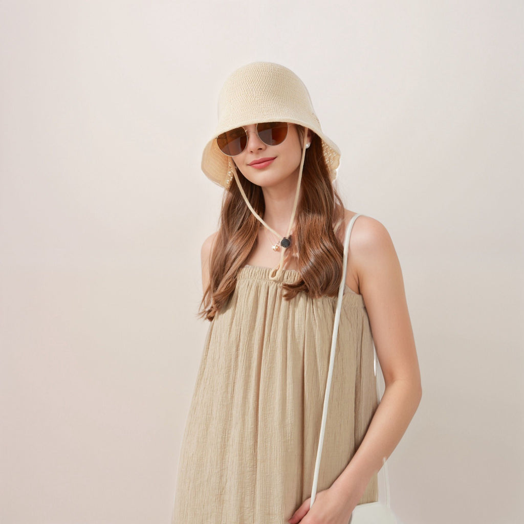 Anna-Kaci Crochet Bucket Hat with Adjustable Chin Strap and Back Button Eyelet Panel for Sun Protection