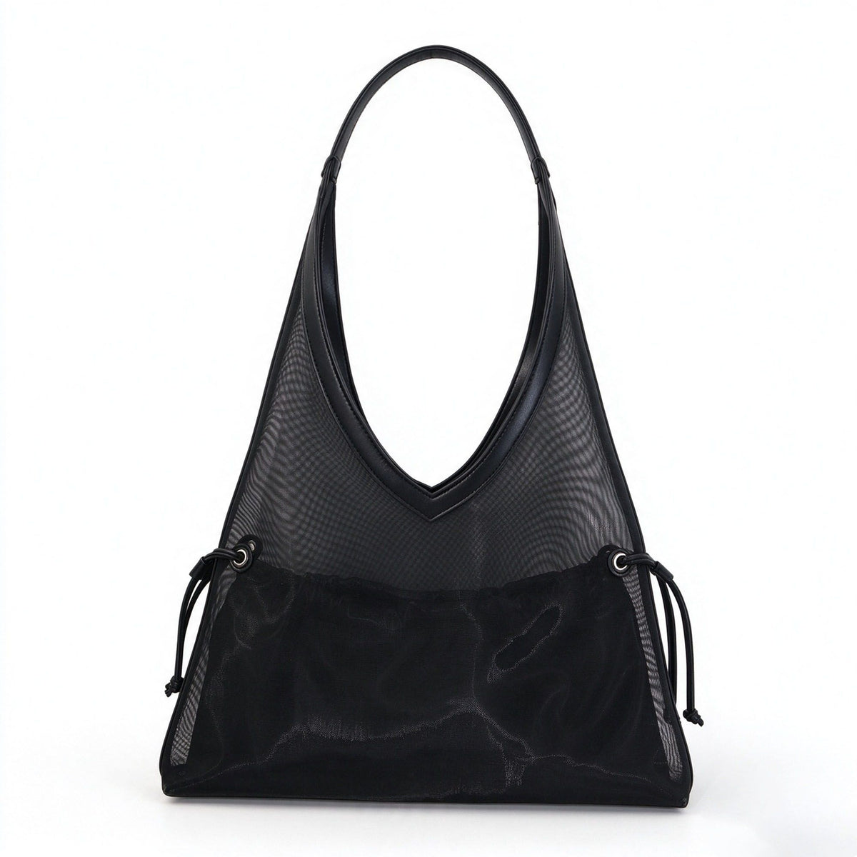 Large Mesh Hobo Shoulder Bag with Front Pocket and Drawstring Side Detail