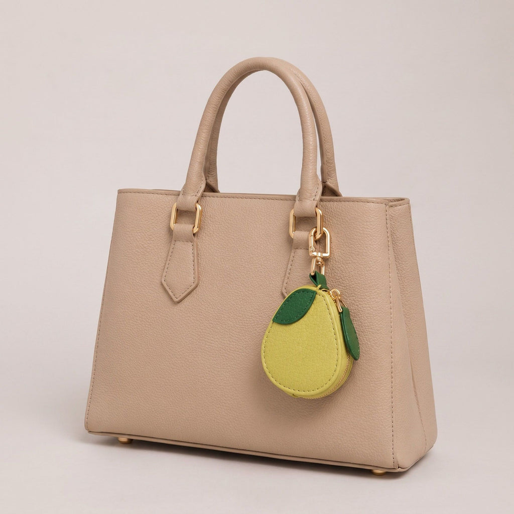 Pear Pouch Bag Charm with Zipper Closure and Gold Tone Clip