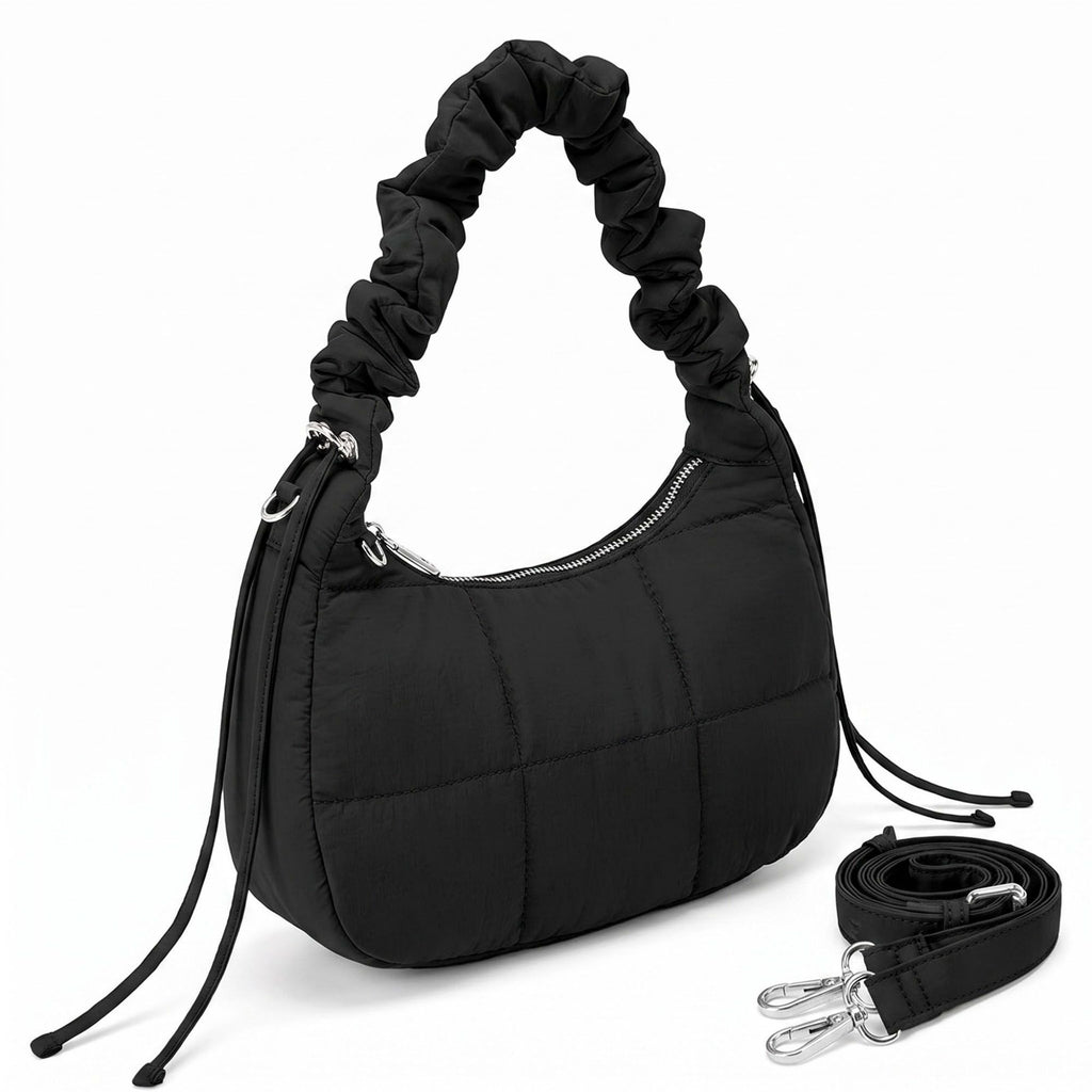 Quilted Crescent Shoulder Bag with Ruched Handle and Detachable Crossbody Strap 10.5x4x6in
