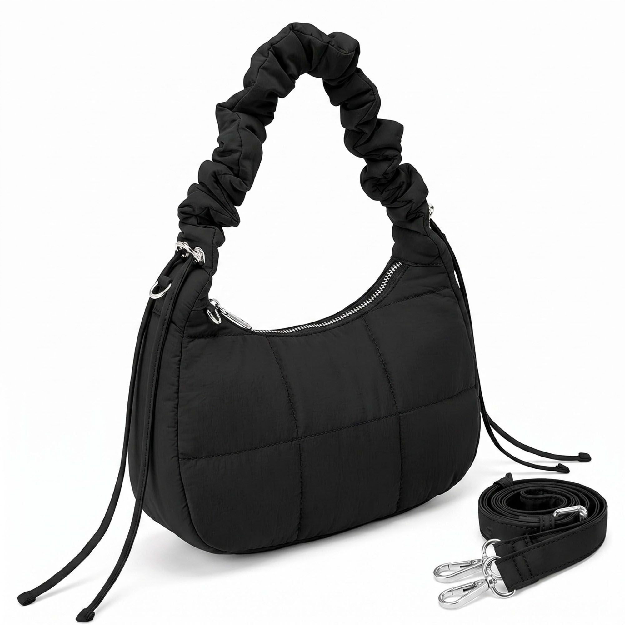 Quilted Crescent Shoulder Bag with Ruched Handle and Detachable Crossbody Strap 10.5x4x6in