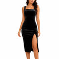 Velvet Bodycon Midi Dress with Square Neckline Wide Straps Back Zipper Side Slit and Fitted Silhouette