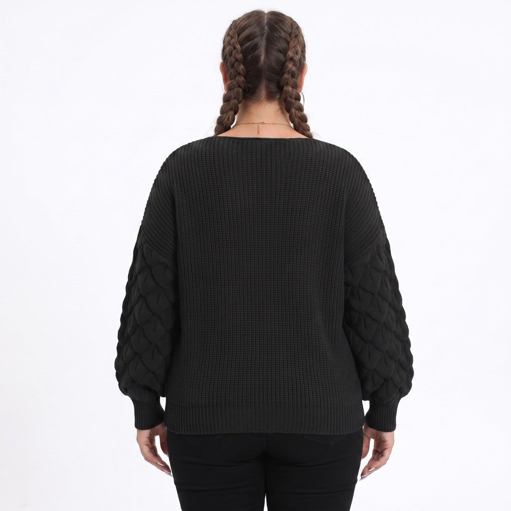 Plus Size V-Neck Textured Sleeve Pullover Sweater