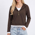 Hooded Long Sleeve Pullover Top with Button Detail and Contrast Trim