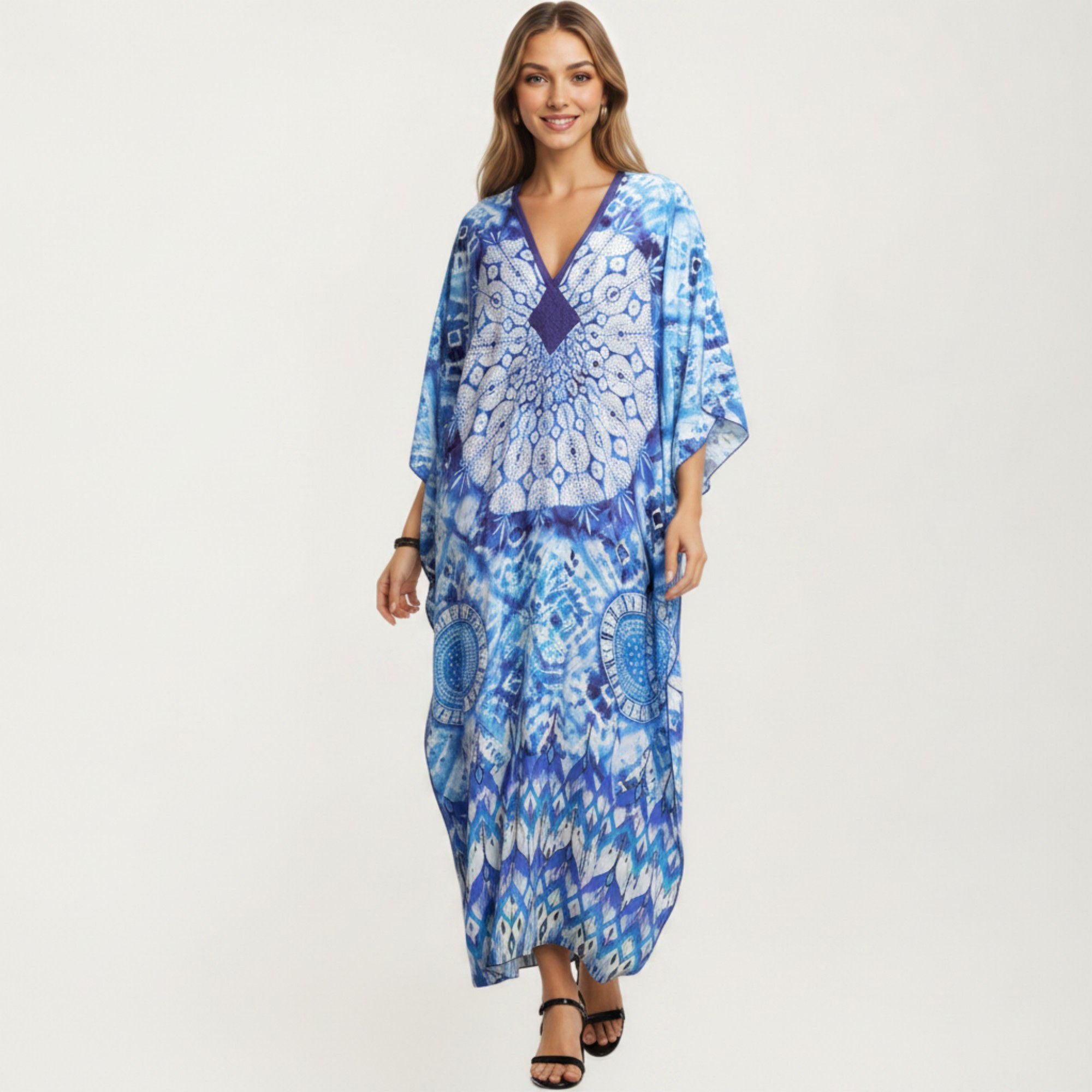 Anna-Kaci Women's Tie Dye Medallion Kaftan Maxi Dress with V-Neckline and Relaxed Flowy Silhouette