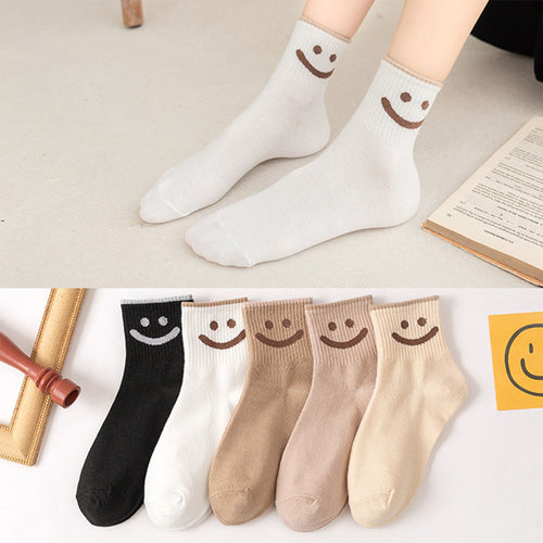 Anna-Kaci 5 Pairs Women's Ankle Socks with Smiley Face Design Soft Cotton Ribbed Cuffs for Casual Everyday Wear