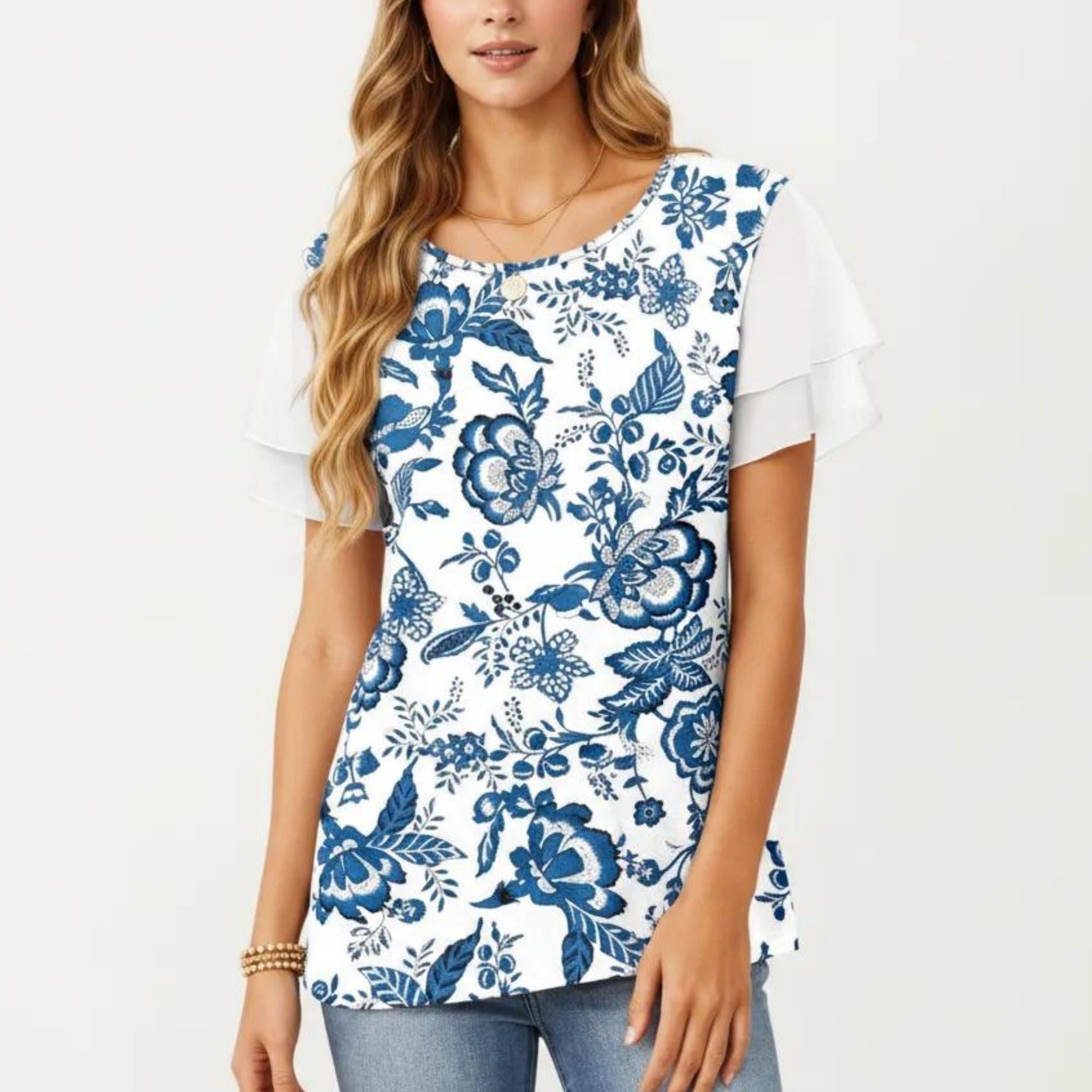 Anna-Kaci Women's Short Sleeve Top with Leopard Print Mesh Sleeves Round Neck Relaxed Fit Casual Shirt