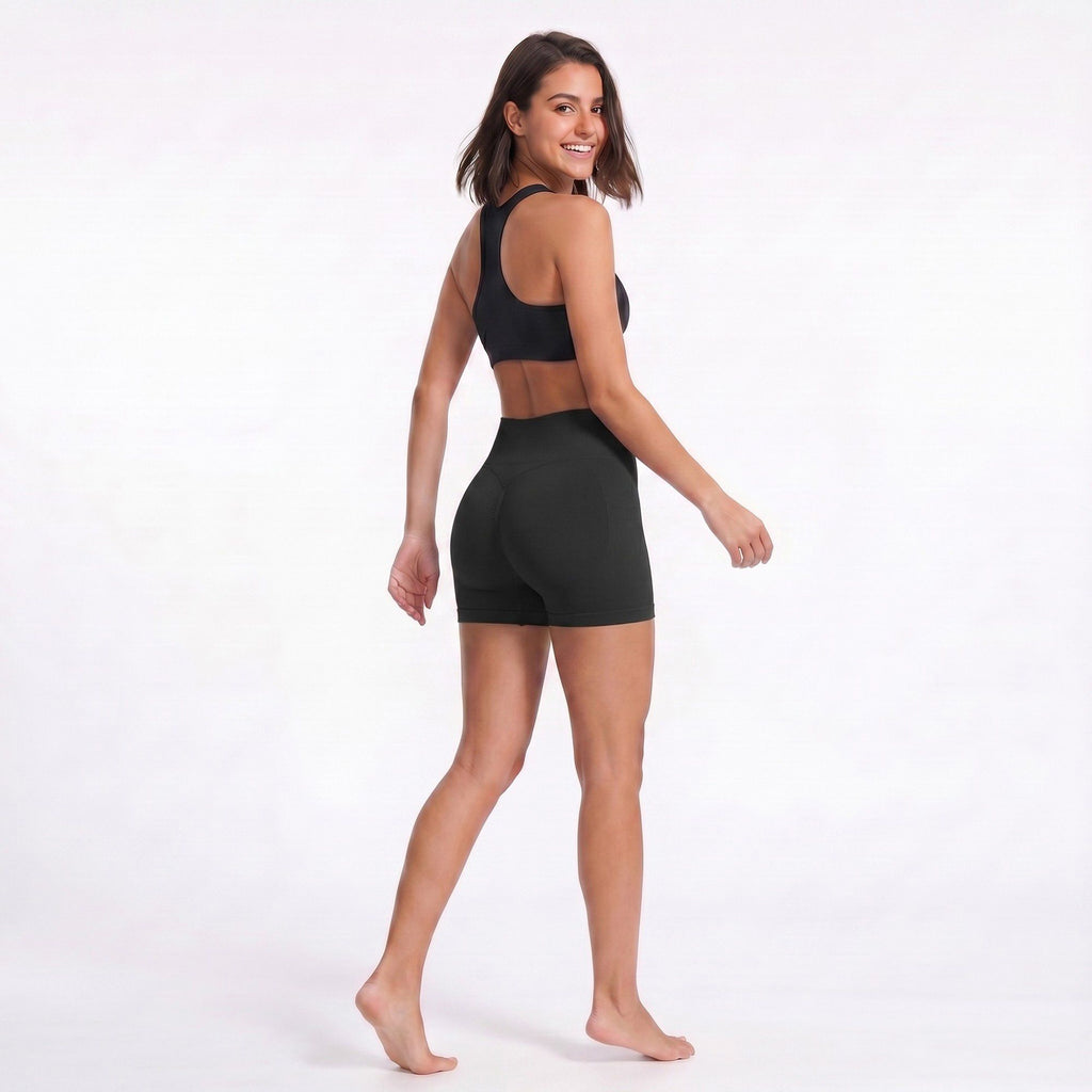 High Waist Seamless Workout Shorts Ribbed Waistband Yoga Biker Shorts