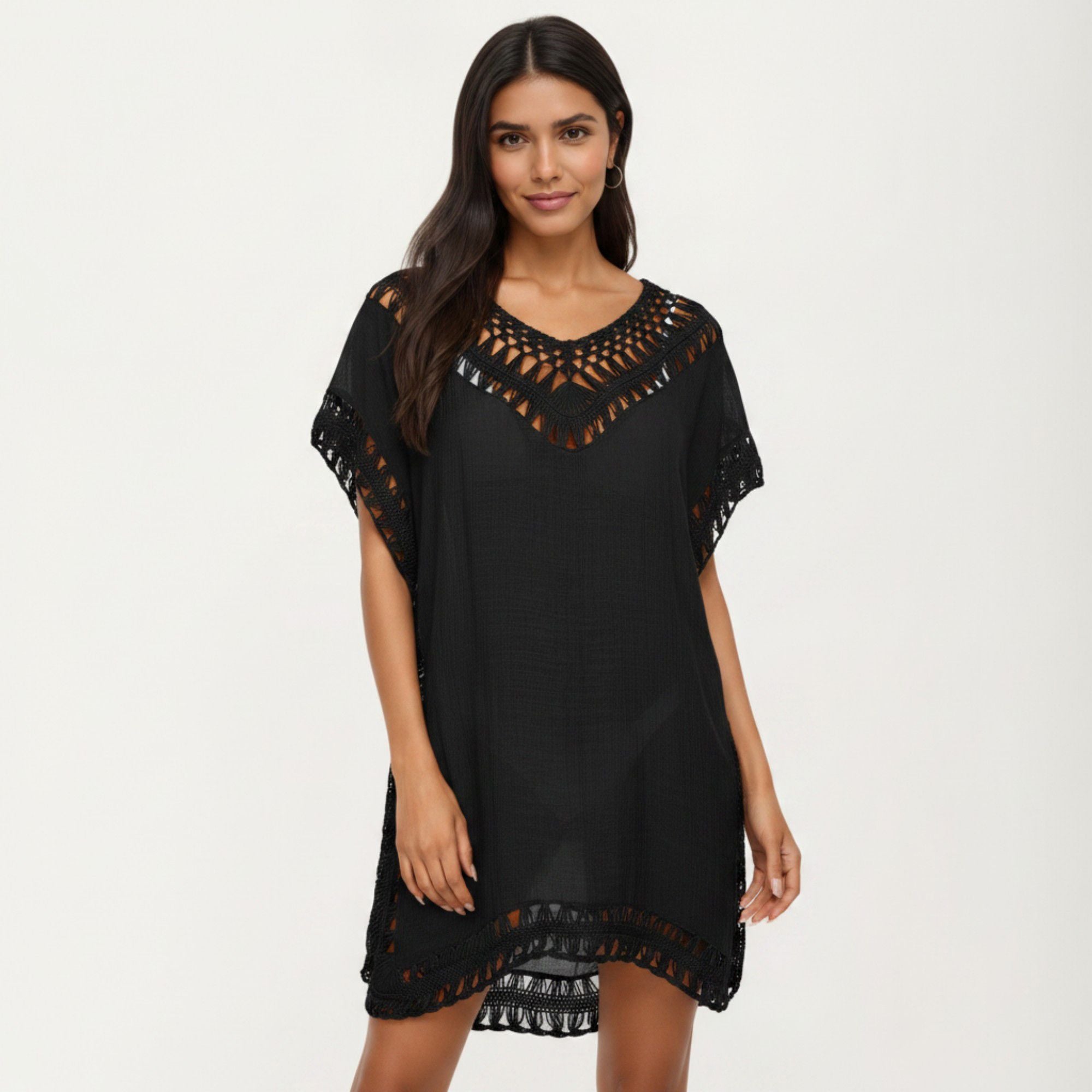 Anna-Kaci Women's Swim Cover Up Dress with Crochet Trim Short Sleeves Relaxed Lightweight Beach Caftan