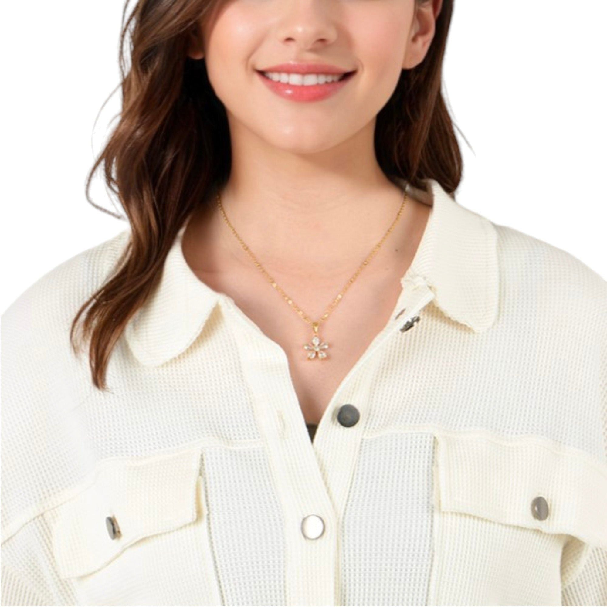 Gold-Tone Flower Pendant Fashion Necklace with Crystal Petal Accents