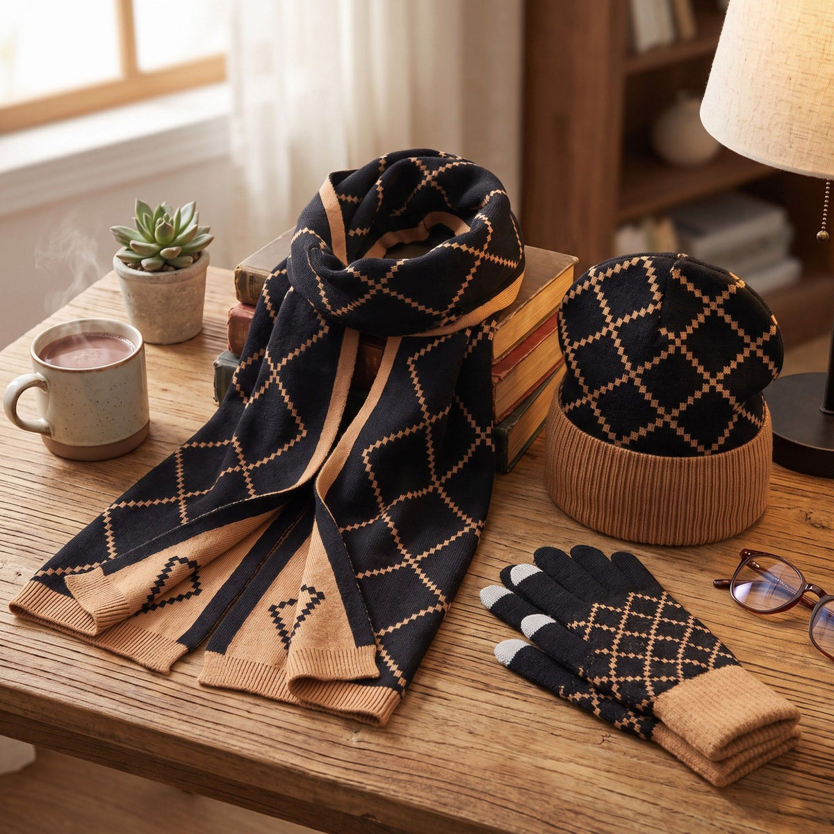 3 Piece Argyle Beanie Scarf and Touchscreen Gloves Winter Set