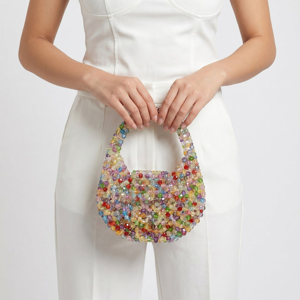 Multicolor Crystal Beaded Handbag with Structured Top Handle Statement Purse 7.5x7.8x1.5 in