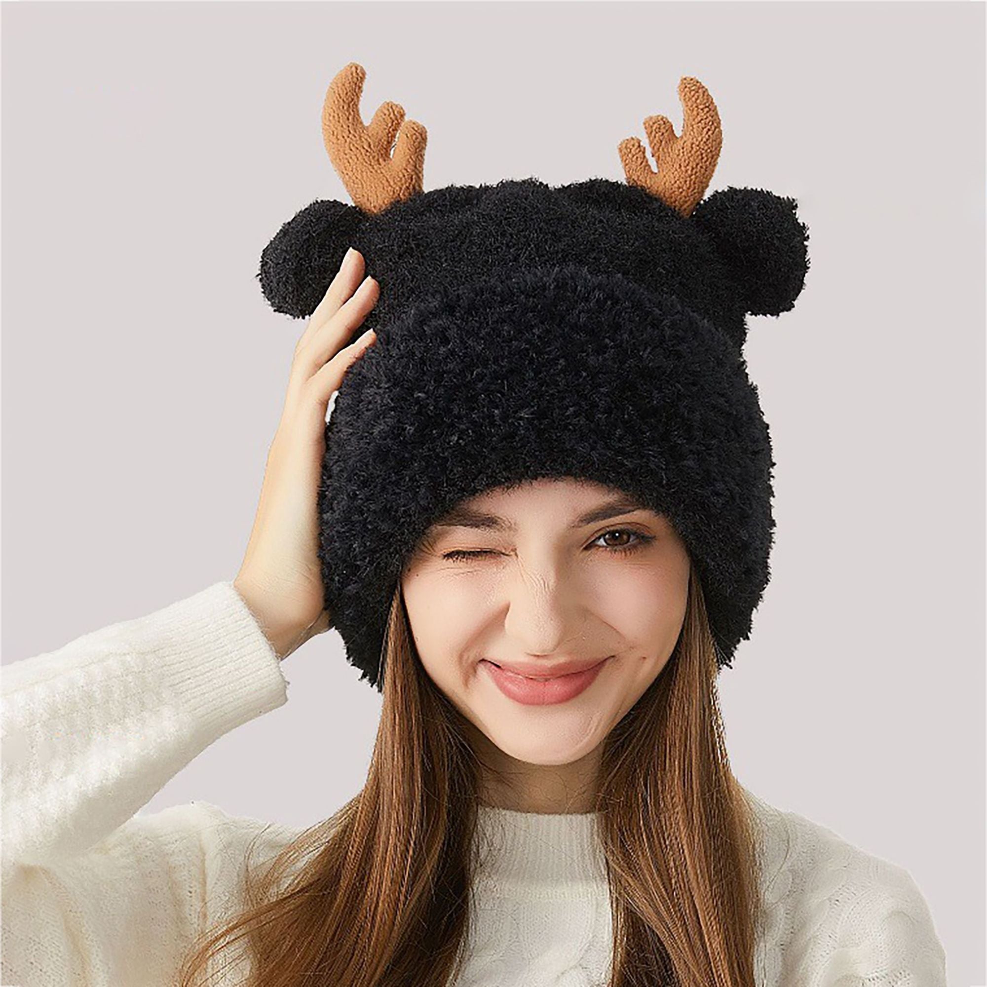 Anna-Kaci Women's Reindeer Antler Fleece Hat - Cute & Warm Winter Accessory