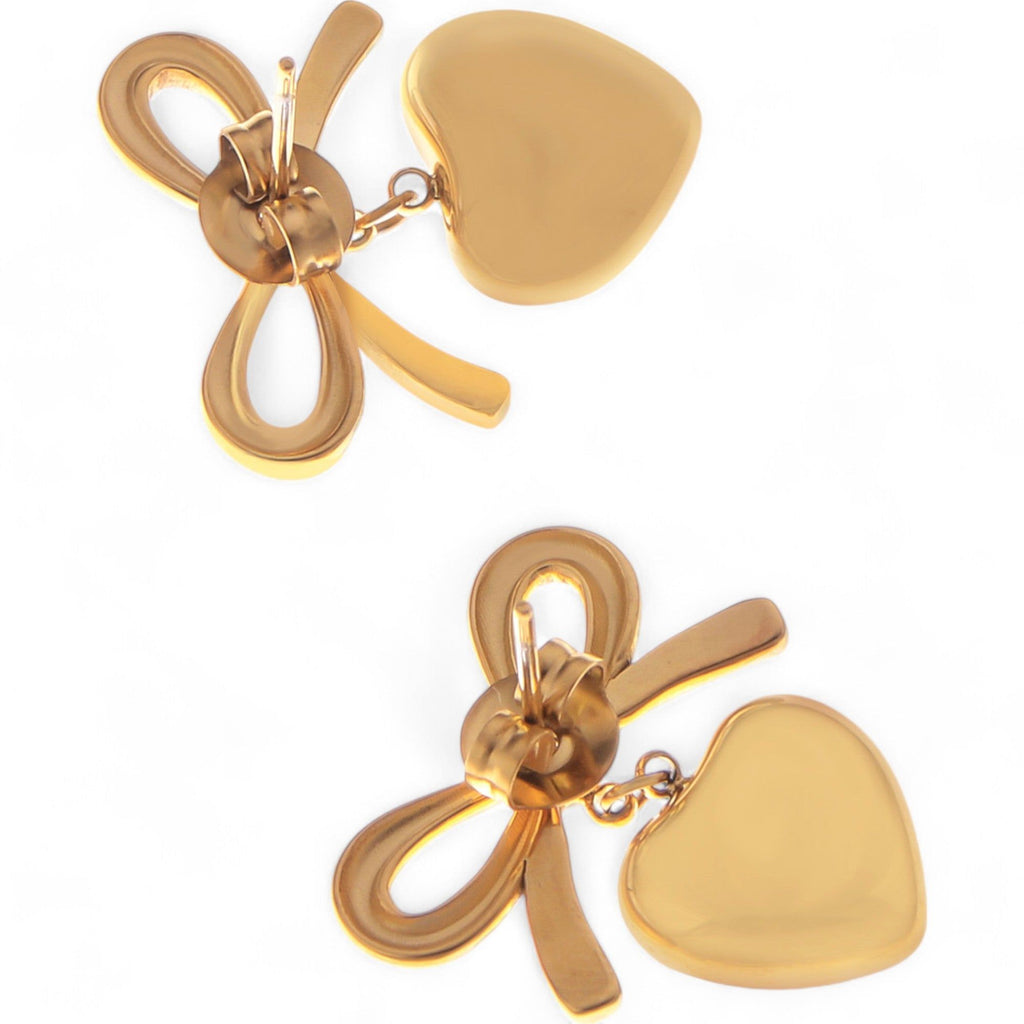 Women's Bow Dangle Heart Drop Fashion Earrings Gold Tone Playful Love Design