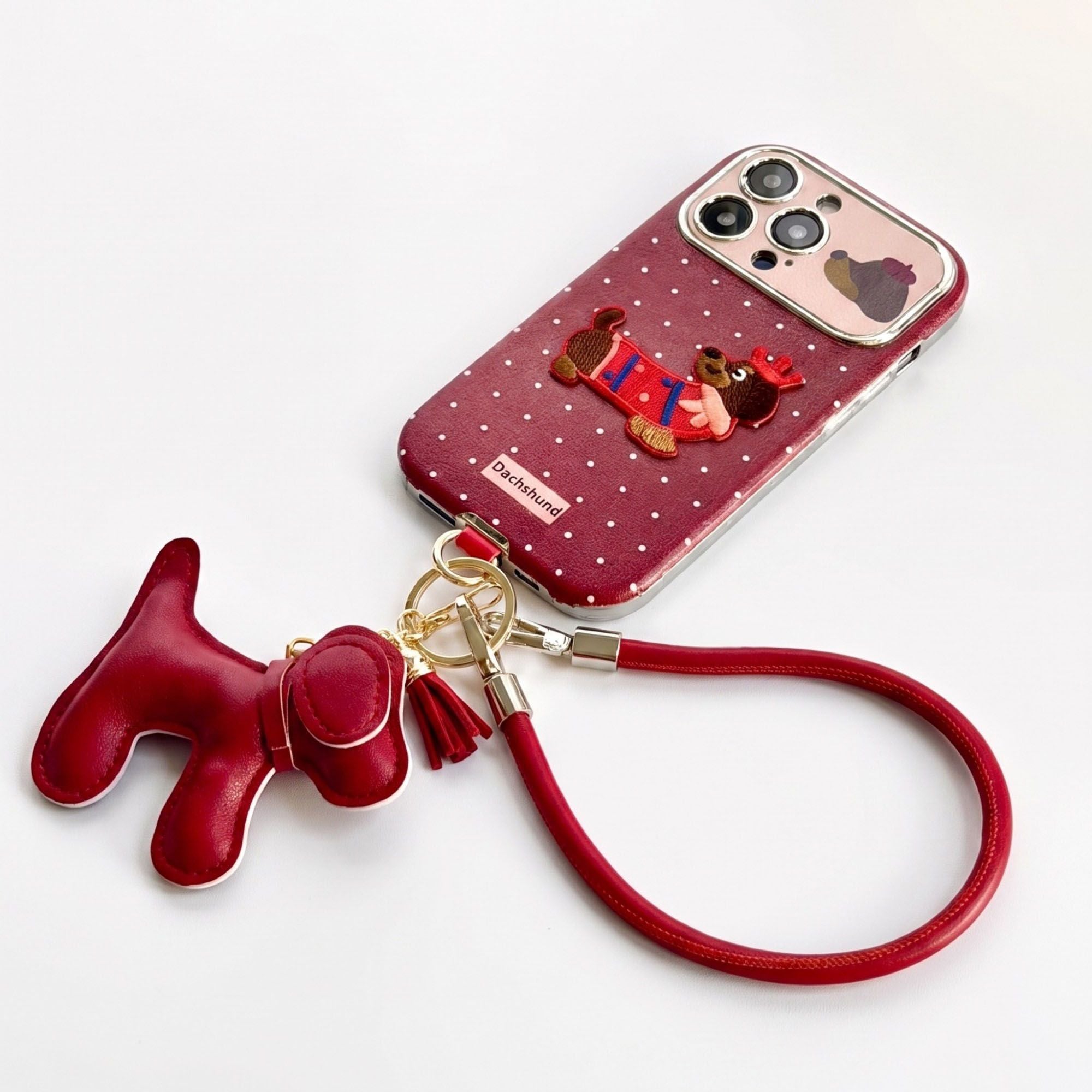 Dachshund Phone Case Wristlet Set Dog Charm Tassel Polka Dot Decorative Cover