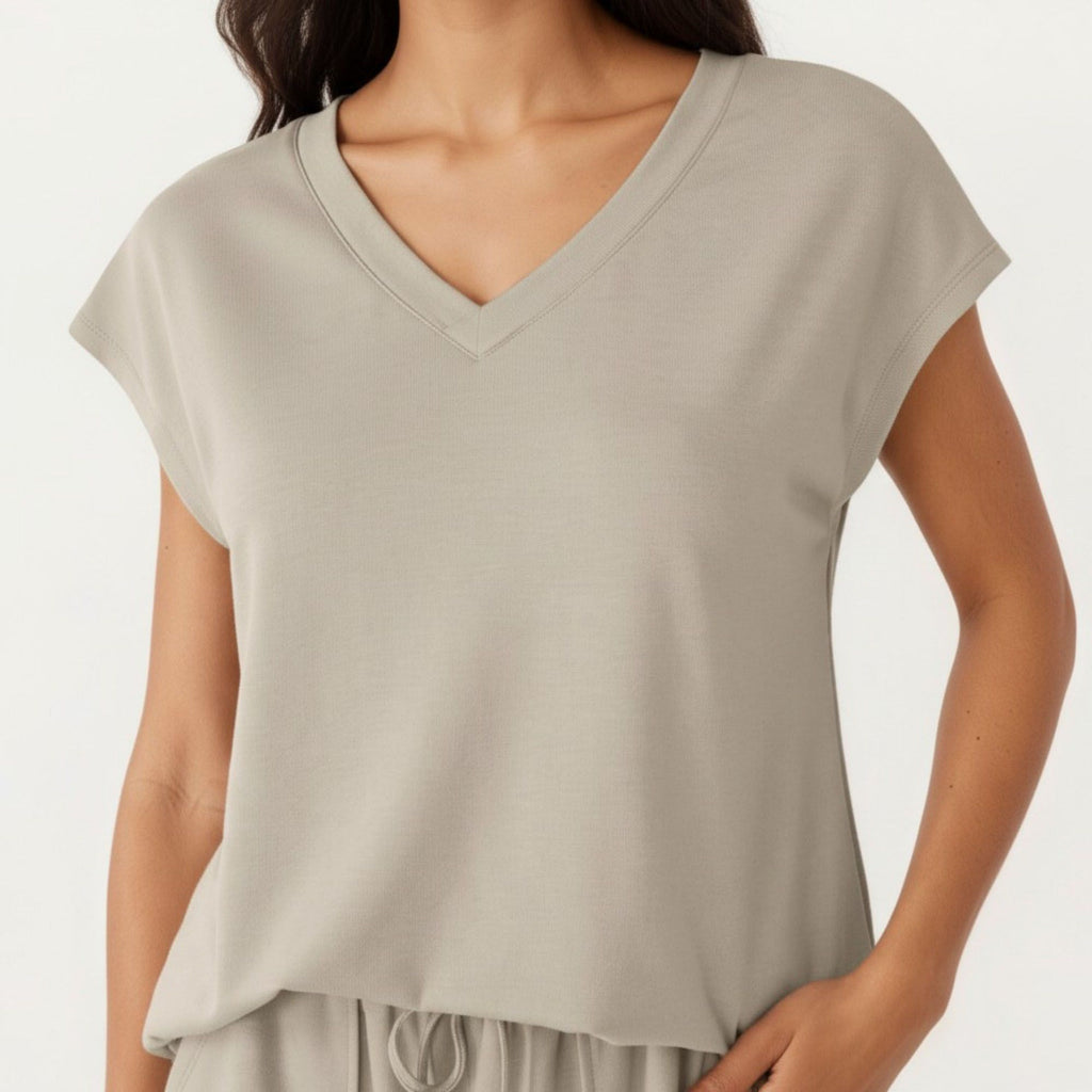 Anna-Kaci Women's 2-Piece Set Short Sleeve V Neck Top and Drawstring Shorts with Pockets Relaxed Fit Lounge Set