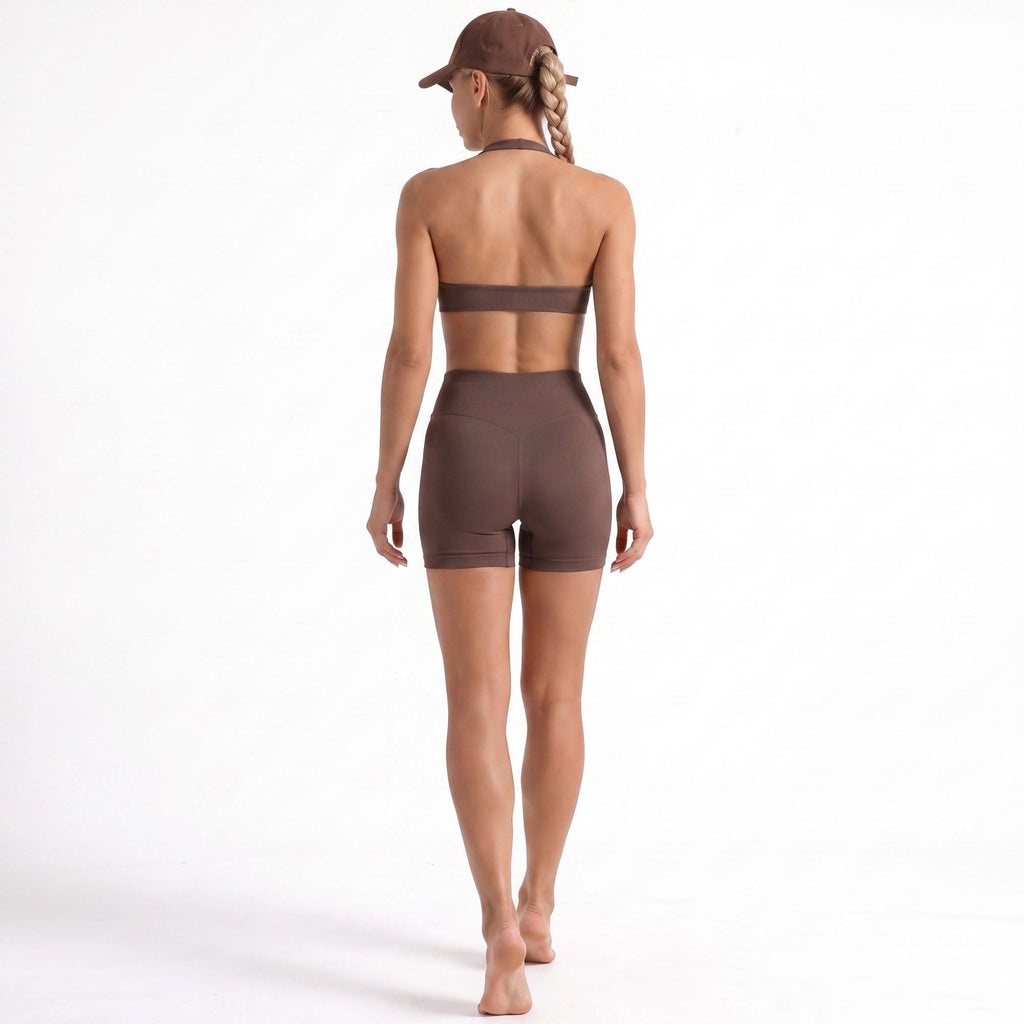 Seamless Halter Sports Bra with Ribbed Underband Open Back Workout Top for Athleisure